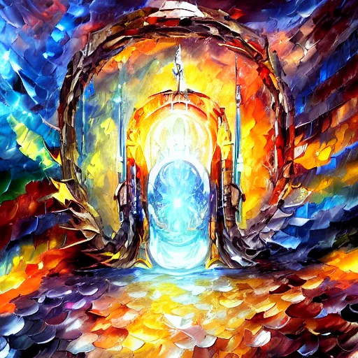 Prompt: absurd multi - dimensional portal gate cybernetic inspired by dragon skin by leonid afremov and katsuhiro