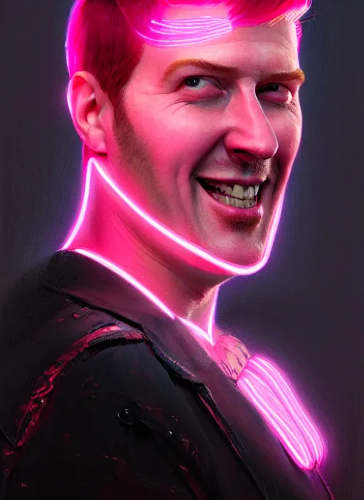 Image similar to portrait of josh homme, realistic, smile, ugly, defined jawline, big chin, pink hair bow, intricate, elegant, glowing lights, highly detailed, digital painting, artstation, sharp focus, illustration, art by wlop, mars ravelo and greg rutkowski