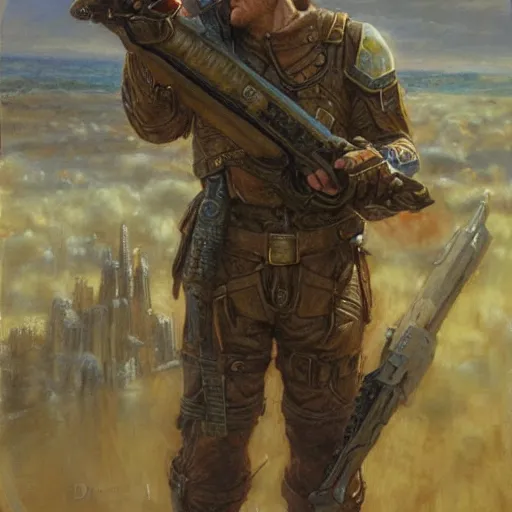 Prompt: templar holding a handgun sideways, by donato giancola.