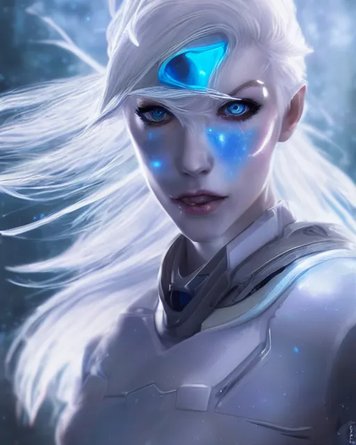 Image similar to perfect white haired girl, warframe armor, beautiful, pretty face, blue eyes, detailed, windy weather, scifi, smiling, platform, laboratory, experiment, 4 k, ultra realistic, epic lighting, glow, high detail, masterpiece, by akihito tsukushi, charlie bowater, ross tran