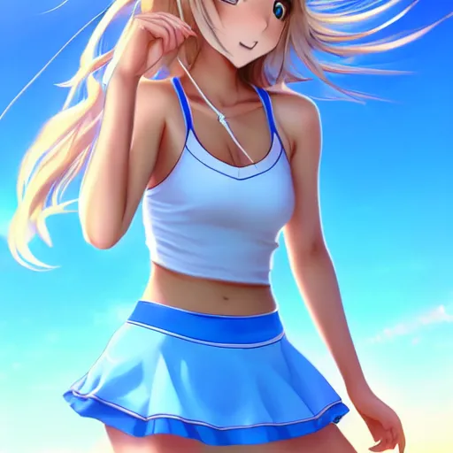 Image similar to a very beautiful young anime tennis girl, full body, long wavy blond hair, sky blue eyes, full round face, short smile, bikini, miniskirt, front view, medium shot, highly detailed, cinematic wallpaper by stanley artgerm lau