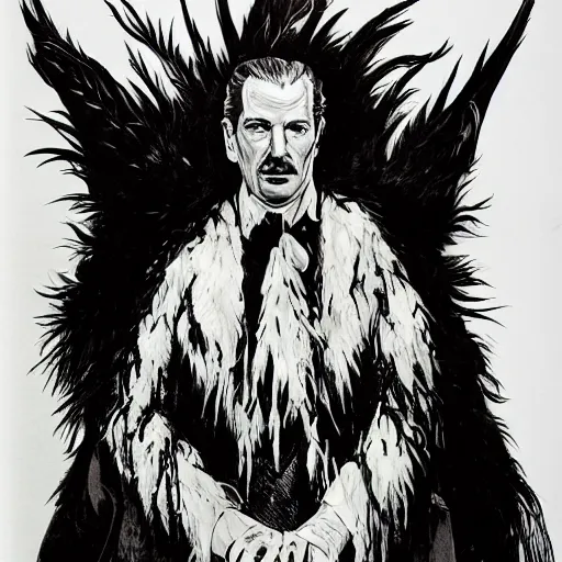 Prompt: vincent price as howard hughes in long black feathered cloak, black hands tipped with black claws, feathers growing out of skin, at opulent desk, comic book cover, vivid, illustration, highly detailed, rough paper, dark, oil painting