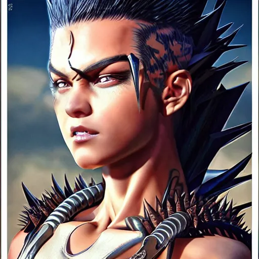 Image similar to warrior girl, muscular girl, wild spiky black saiyan hair, long spiky hair, electrified hair, scimitar, ultra realistic, intricate details, highly detailed, subsurface scattering, photorealistic, octane render, 8 k, art by artgerm, greg rutkowski, magali villeneuve, alphonse mucha