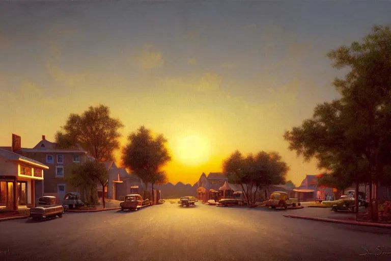 Image similar to a detailed cinematic render of a utopian 1 9 5 0 s american neighborhood at sunset by steven outram, photoreal