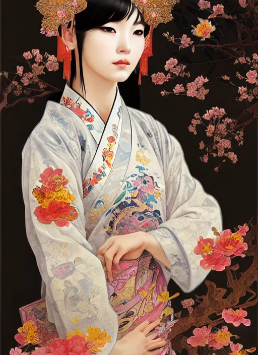 Image similar to portrait of a beautiful nekomimi, decorated with chinese opera motifs, royal, fine china, wuxia, traditional chinese art intricate intense elegant highly detailed digital painting artstation concept art smooth sharp focus illustration, art by ruan jia and zeen chin and alphonse mucha, 8 k