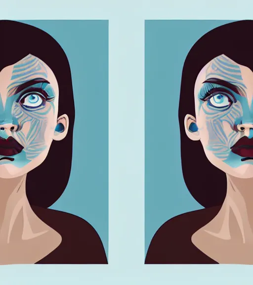 Image similar to portrait of a woman raised on the island face tatooes by james gilleard, dynamic lighting, gradient light blue, brown, blonde cream and white color scheme, grunge aesthetic