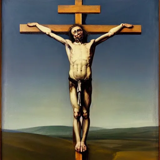 Prompt: Oil painting of a man in a crucified on a wooden cross by Lucian Freud, Abstract brush strokes, Masterpiece, Edward Hopper and James Gilleard, Zdzislaw Beksinski, Mark Ryden, Wolfgang Lettl highly detailed, hints of Yayoi Kasuma