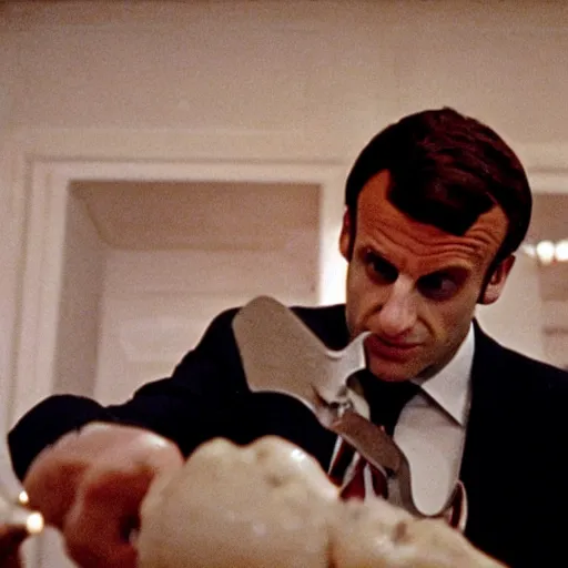 Prompt: Emmanuel Macron cooking fresh bloody meat in American Psycho (1999)