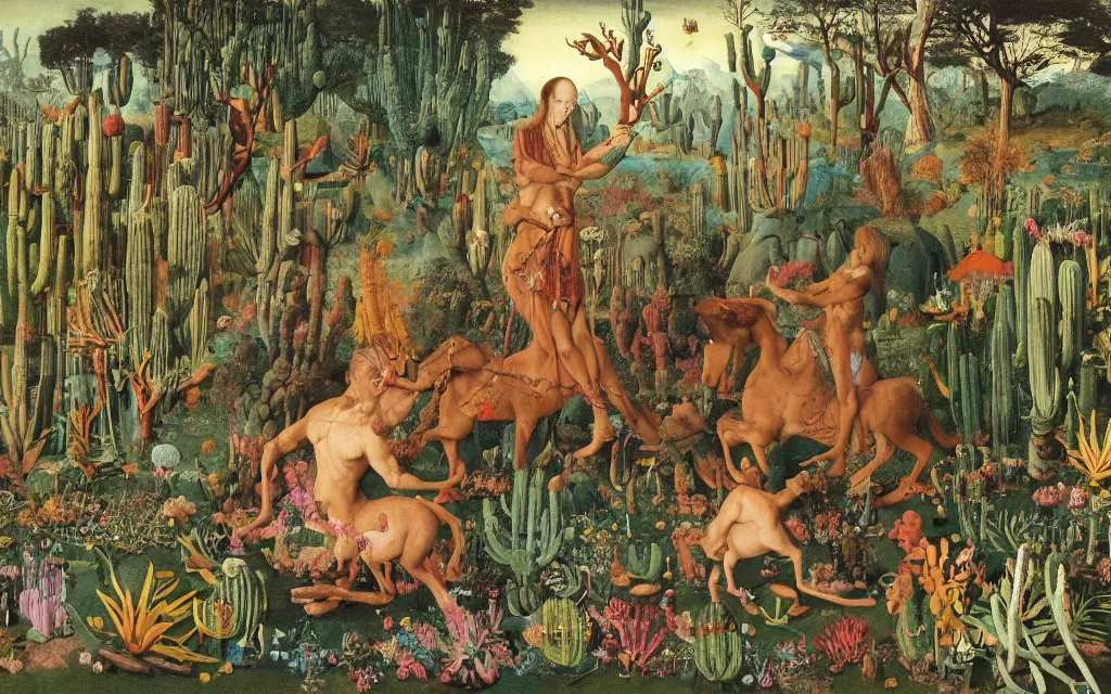 Image similar to photograph of a meditating centaur shaman and a striped werewolf feeding animals. surrounded by bulbous flowers, animals and a few trees and cacti. river delta with cliffs under a blue sky of burning stars. painted by jan van eyck, max ernst, ernst haeckel, ernst fuchs and artgerm, trending on cgsociety, gouache