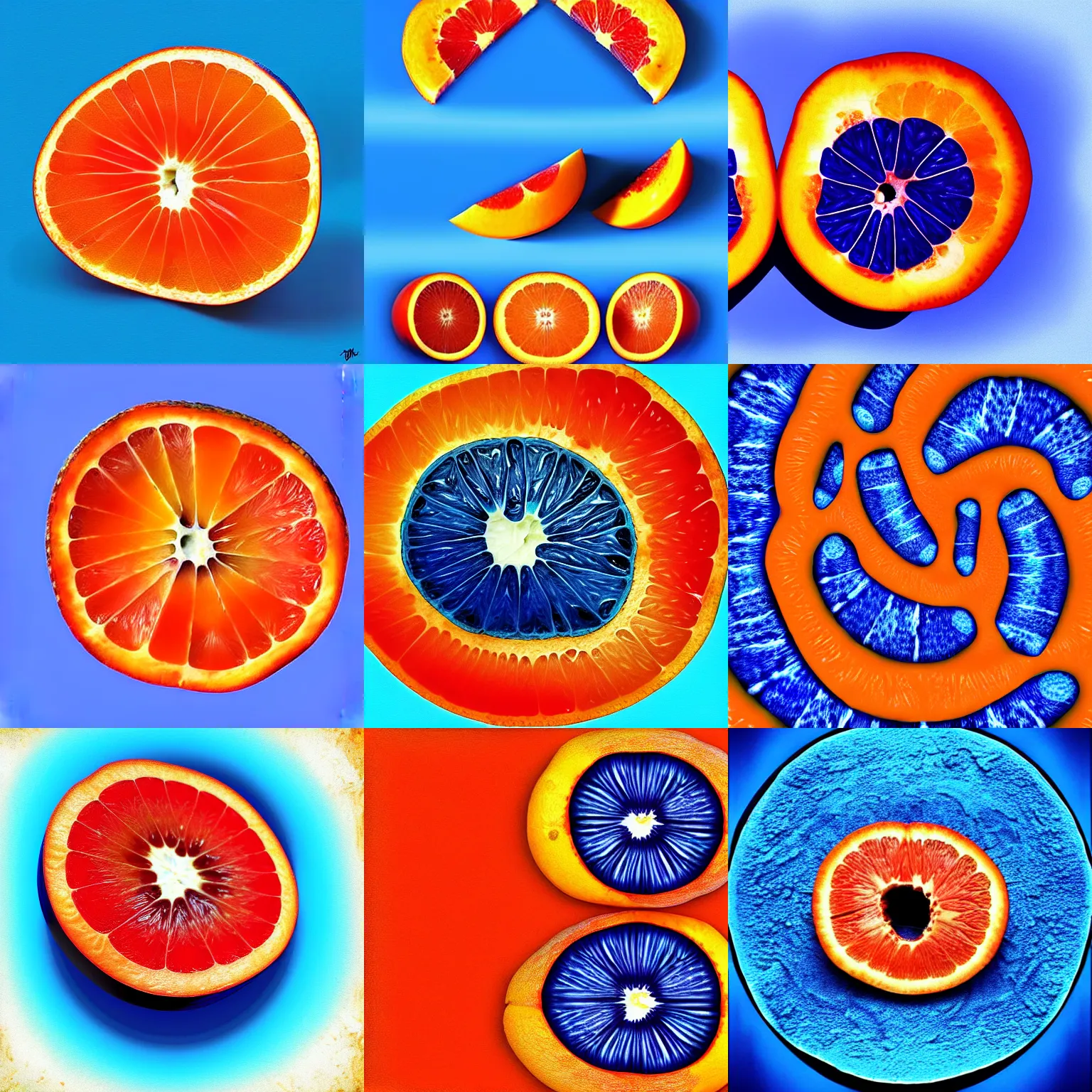 Prompt: A beautiful blue orange sliced in half with juicy flesh, digital art