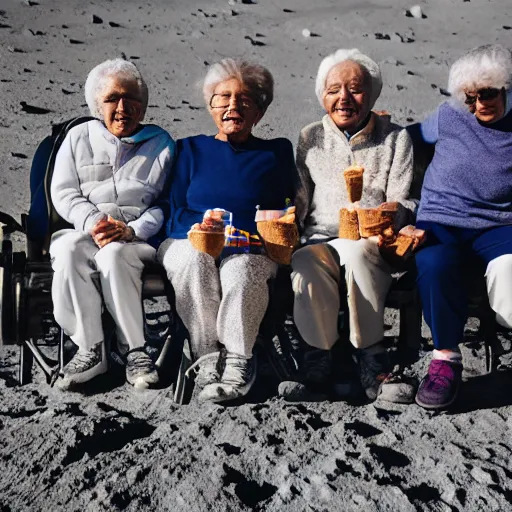 Prompt: an group of elderly people on the surface of the moon, 🌕, 🍦, eating ice - cream, tourist bus, canon eos r 3, f / 1. 4, iso 2 0 0, 1 / 1 6 0 s, 8 k, raw, unedited, symmetrical balance, wide angle