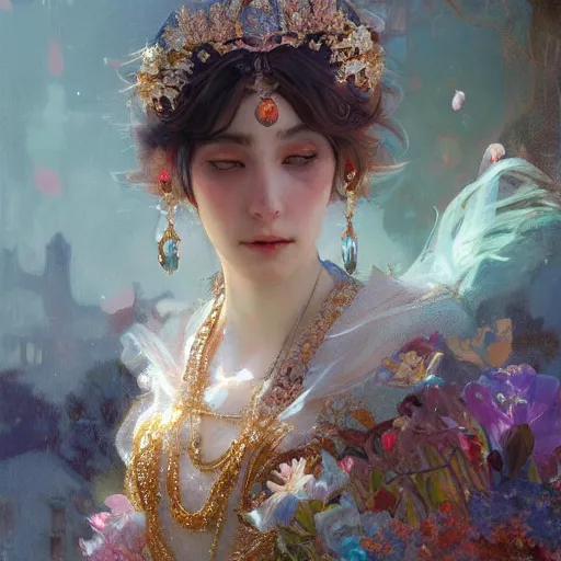 Prompt: a beautiful noami osaka, adorned with precious stones, tiara and necklace by jeremy mann and alphonse mucha, photo realistic, dynamic lighting, windy, artstation, poster, dreamy, volumetric lighting, ethereal, 4 k, high detail