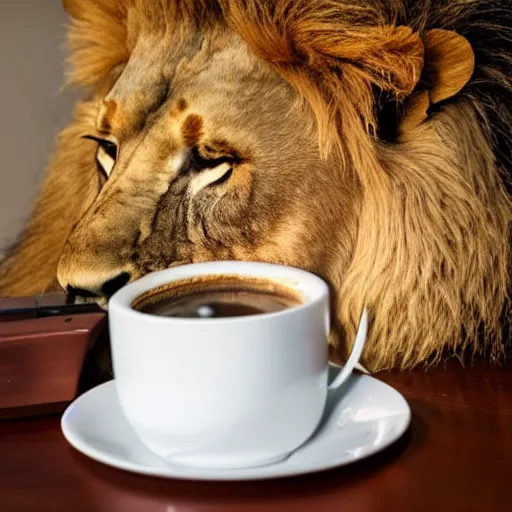 Image similar to a lion sitting on a table with a cup leaking coffee on the table next to him.