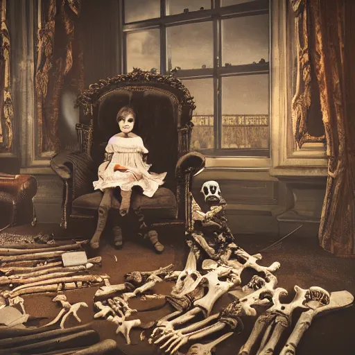 Prompt: a color photo of young sad victorian gothic child with big eyes and wide grin sitting on a sofa of bones surrounded by a cyber futuristic cityscape made of human body parts, ultra detailed, 8 k resolution, beautiful lighting, expansive detailed layered city, landscape, sigma 8 5 mm, award winning photography, perfect faces