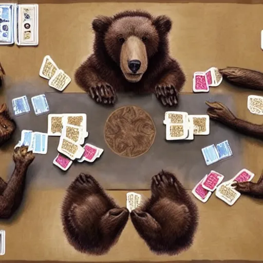 Image similar to brown bears playing magic the gathering, hyperrealism style