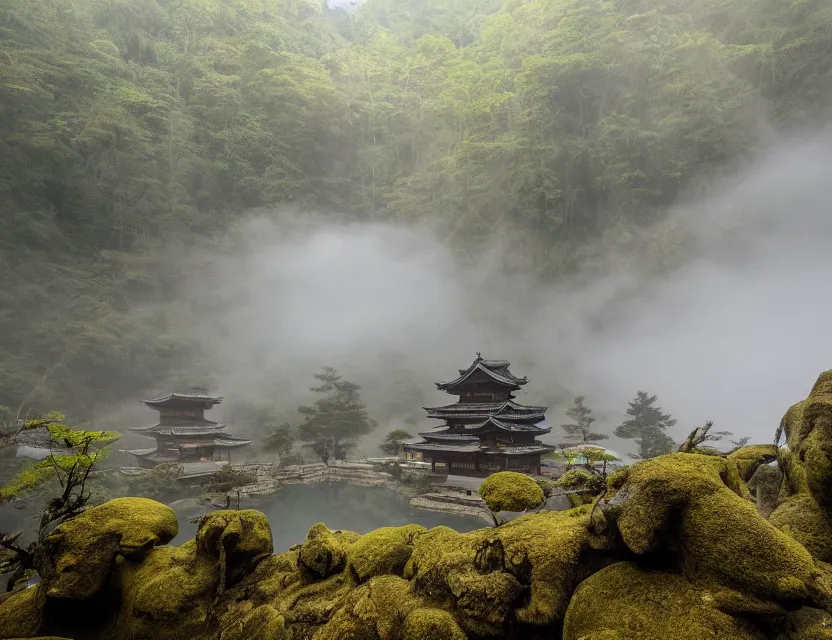 Prompt: a cinematic photo of epic ancient japanese hot springs temples on the top of a mountain in a misty bamboo cloud forest with waterfalls in winter