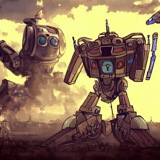 Image similar to a giant steampunk robot shooting at another giant steampunk robot, epic, intense, particles, studio ghibli, anime,