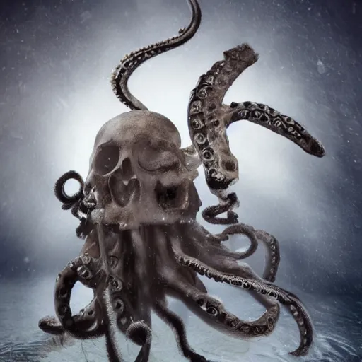 Image similar to octopus made out of evil skull with horns, beautiful underwater nature photograph with dynamic lighting and murky water