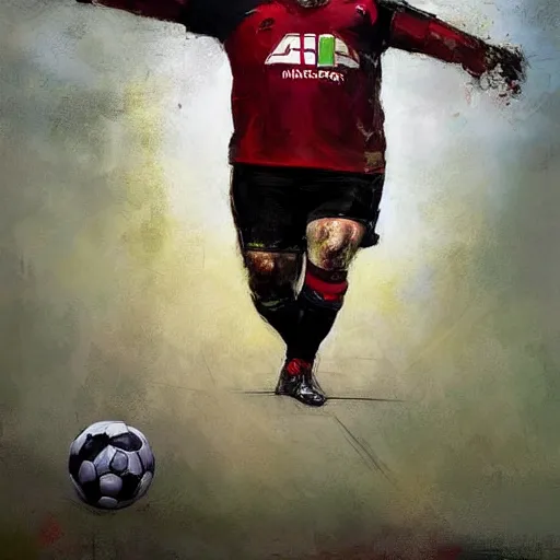 Prompt: A realistic hyperdetailed multi-colored digital oil full body portrait painting of an obese goal keeper on his knees holding a soccer ball up to the sky in the style of Guy Denning, Ruan Jia, and Craig Mullins. Trending on ArtStation and DeviantArt. CGSociety Digital art.