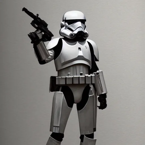 Image similar to an extremely long shot of an imperial stormtrooper in battle position ready to shoot his blaster concept art by Doug Chiang cinematic, realistic painting, high definition, very detailed, extremely high detail, photo realistic, concept art, the Mandalorian concept art style