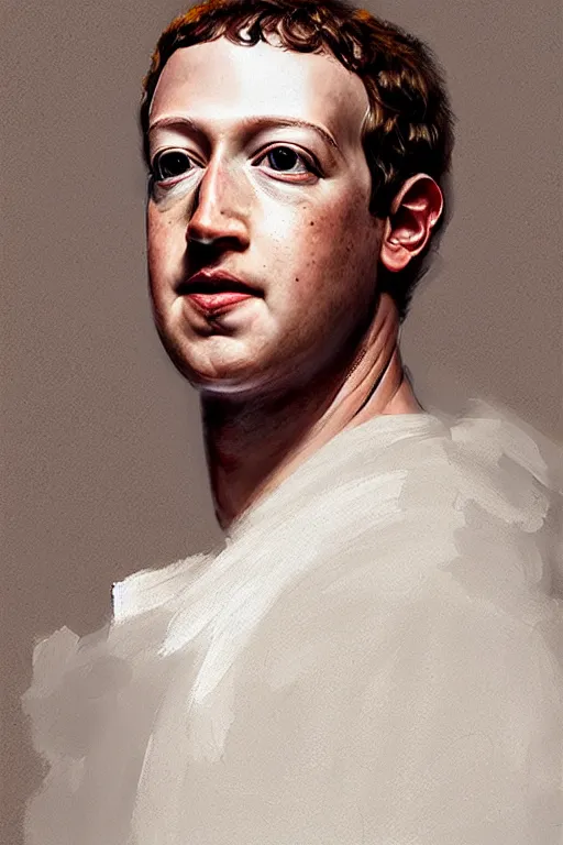 Prompt: an angelic portrait of mark zuckerberg in a white robe, halo behind his head, by rembrandt and artgerm and greg rutkowski, trending on artstation