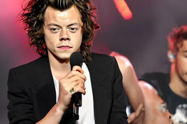 Prompt: Harry Styles after a big bong hit with Snoop Dogg. Red eyes, smoky environment, on stage at a One-Direction concert