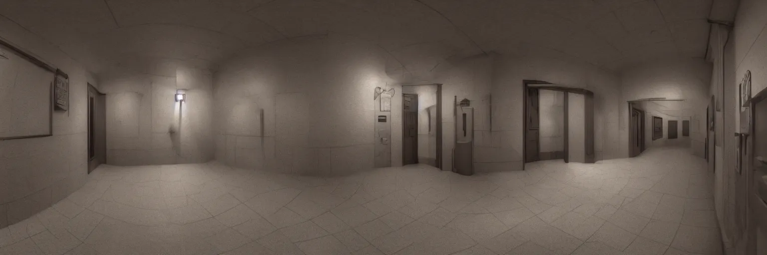 Prompt: dimly lit, theatre access corridor background, 3 doors, fish eye, ambient occlusion, octane renderer, 8k, color, vibrant