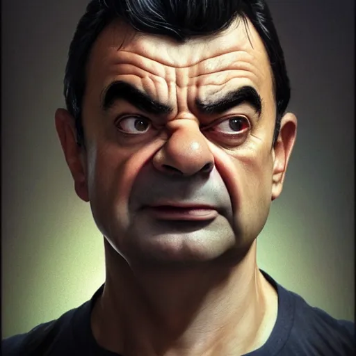 Image similar to upper body portrait of a hulking herculean chiseled mr bean rowan atkinson, cinematic lighting, photorealistic, octane render, 8 k, depth of field, 3 d, art by artgerm and greg rutkowski and alphonse mucha and uang guangjian and gil elvgren and sachin ten