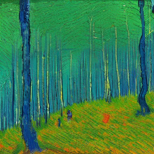 Prompt: a dense forest, with trees reaching as far as the eye can see, seen from a distance, digital painting, inspired by van gogh and kandinsky.