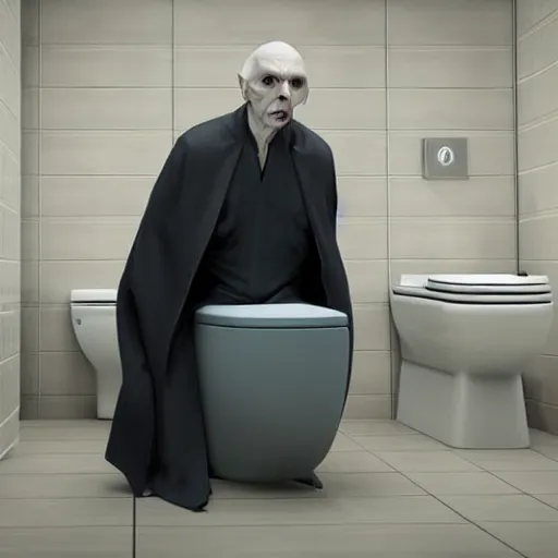 Prompt: stolen photo of shocked voldemort sitting on the toilet. paparazzi