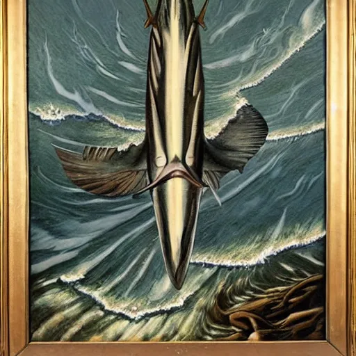 Image similar to swordfish will be our new overlords when the levees break, a dystopian jean dupas painting