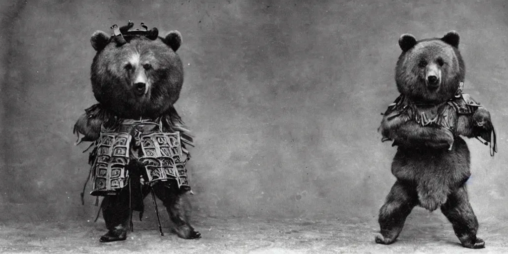 Image similar to anthropomorphic bear in samurai armor, 1900s photo
