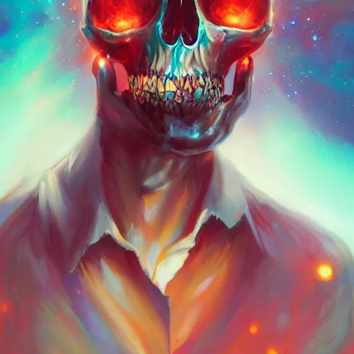 Image similar to a schizophrenic with an aurora skull's mind is blowing up, by ross tran, oil on canvas