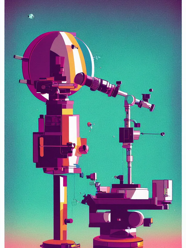 Image similar to ( ( strong dither ) ), editorial illustration scientific lab test tube telescope microscope astronaut, colorful modern, mads berg, karolis strautniekas, christopher balaskas, fine texture, dynamic composition, detailed, matte print, dynamic perspective, halftone texture, muted color, lomography, risograph