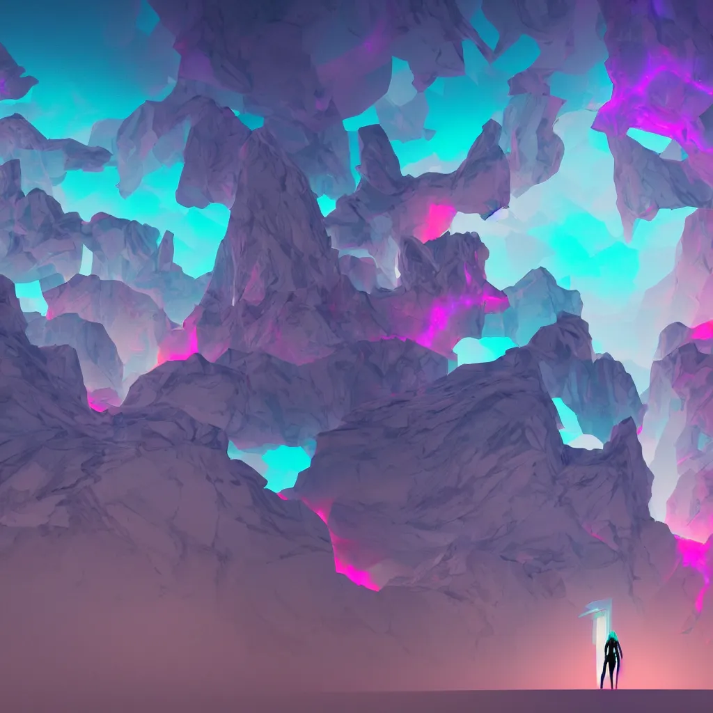 Image similar to manikin made of marble, fractal neon explosion revealing a portal to a vaporwave paracosm, mountains and city in background, rule of thirds, clean linework, dramatic, moody, introspective, cinematic, award winning, 4 k, trending on artstation, photorealistic, volumetric lighting, octane render