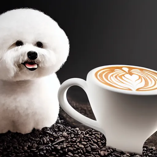 Image similar to a closeup photorealistic photograph of barista drawing bichon frise shaped latte art in a cup. professional capture, well lit shot. this 4 k hd image is trending on artstation, featured on behance, well - rendered, extra crisp, features intricate detail, epic composition and the style of unreal engine.