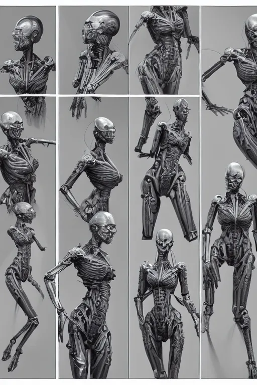 Prompt: cyborg lady with gunmetal grey skin, medical anatomy, very symmetrical face, highly detailed, mecha, three - perspective / three - view reference sheet ( front / back / side ), in the style of james gurney, dan ouellette, hr giger, sil from species, dren from splice, biomechanical, artstation, unreal engine