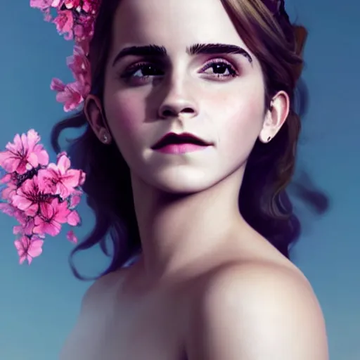 Image similar to emma watson expressive full body photo, of beautiful angel, smooth glowing skin, ornate headpiece made from pink flowers, glamour shot, by yoshitaka amano, by greg rutkowski, by jeremyg lipkinng, by artgerm, digital art, octane render