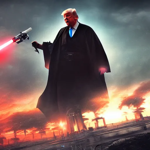 Prompt: Donald Trump as a jedi, post-apocalyptic, capitol hill, wlop, artstation, landscape, dark, atmospheric