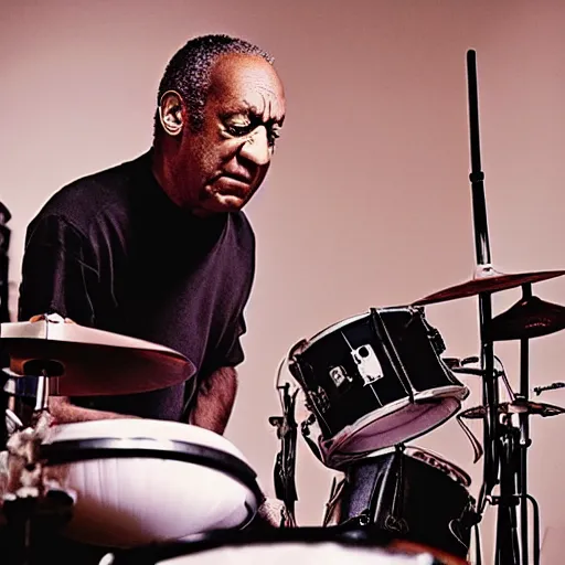 Image similar to Still of a bill cosby playing drums in the bring me to life music video by American rock band Evanescence dslr