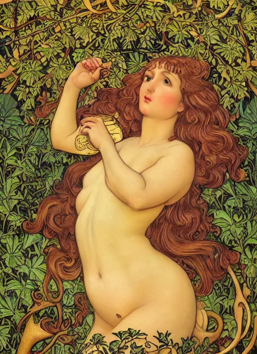 Image similar to masterpiece beautiful seductive flowing curves pinup pose preraphaelite portrait photography, extreme closeup face shot, straight bangs, thick set features, yellow ochre ornate medieval dress, amongst foliage mushroom forest arch, circle, william morris and kilian eng and mucha, framed, 4 k