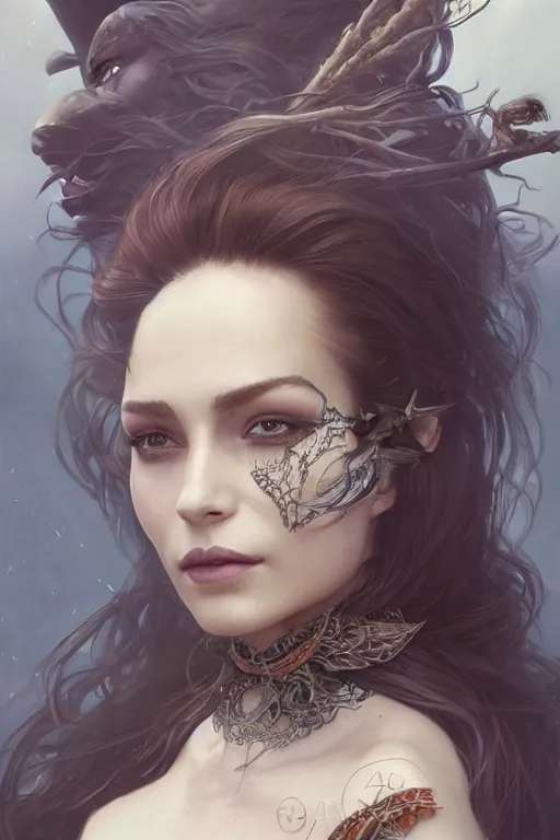 Image similar to a seductive beautiful witch, with a perfect face!!! wind blowing hair and floating, bust portrait, tribal mask and jewelry, dnd, face, fantasy, intricate, elegant, highly detailed, digital painting, artstation, concept art, smooth, sharp focus, illustration, art by artgerm and greg rutkowski and alphonse mucha
