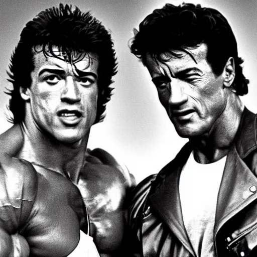 Prompt: arnold schwarzenegger and sylvester stallone in contra, 1 9 8 7, movie still