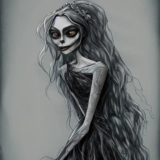 Image similar to michael karcz grunge drawing of margot robbie. , in the style of corpse bride, loony toons style, horror themed, detailed, elegant, intricate, trending on artstation, 4k