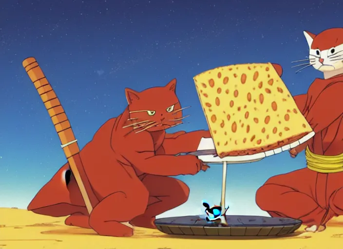 Prompt: cat samurai eating pizza together in the desert underneath an umbrella made of cheese, digital painting masterpiece, by ryan ottley and mœbius and hayao miyazaki and akira toriyama, 4 k wallpaper trending on pixiv