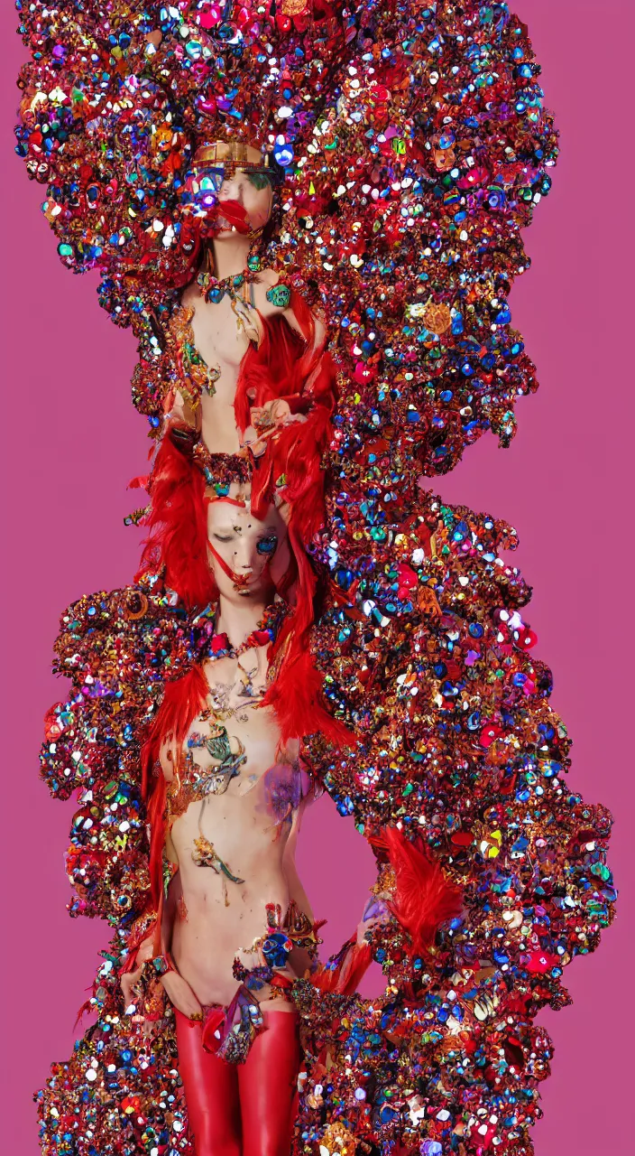 Image similar to a female full - body character design, concept art, wearing psychedelic high fashion, a red sequined bodysuit, beads hanging over her face like an alexander mcqueen headdress, costume by eiko ishioka, haute couture, and a red cape, by moebius, steven outram, colorful and psychedelic, hd, 8 k, artstation, high quality