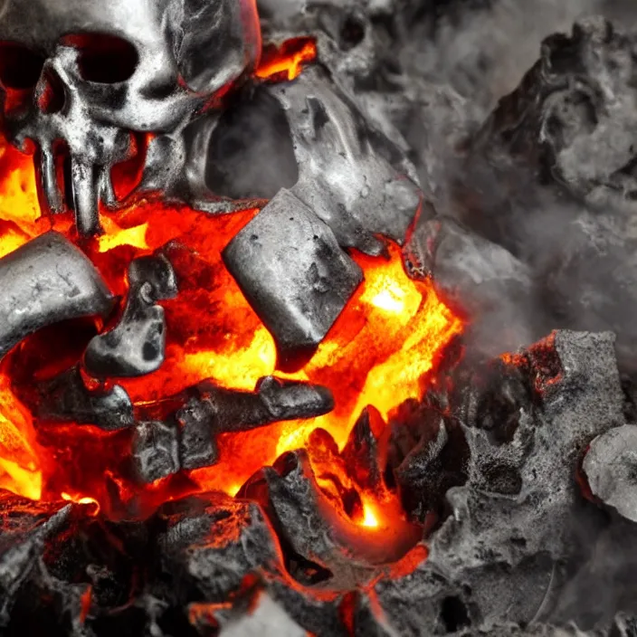 Prompt: wide angle shot of molten metal being poured into a mold in the shape of a punisher skull emblem. background is firey foundry. detailed, high art, intricate, artisan