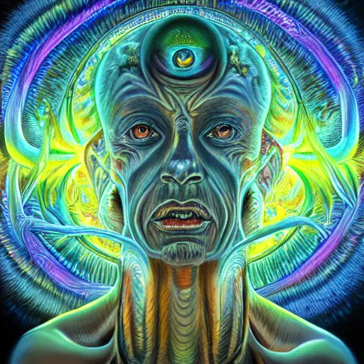Prompt: photorealistic eldritch god as a dmt entity in the style of alex grey and michael whelan. hyperdetailed photorealism, 1 0 8 megapixels, amazing depth, high resolution, 3 d shading, 3 d finalrender, 3 d cinematic lighting, glowing rich colors, psychedelic overtones, artstation concept art.