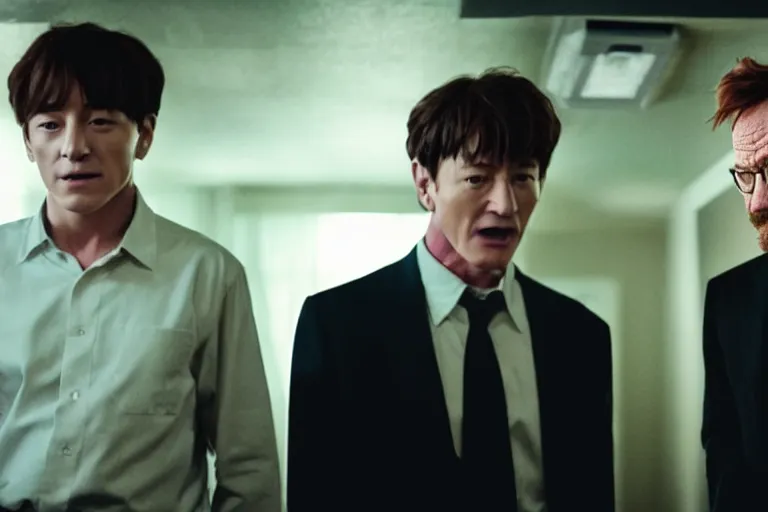 Image similar to film still of jungkook and bryan cranston in cosmic horror! the musical by david cronenberg, horror sci fi, 3 5 mm film, atmospheric, ultra fine detail, film grain, photorealistic