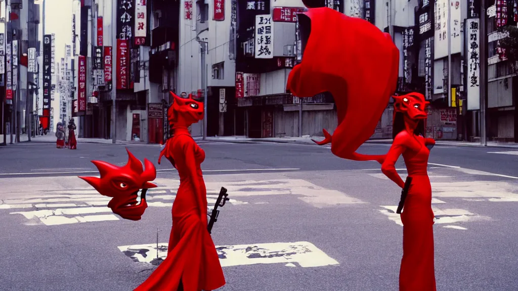 Image similar to a woman in a red dress wearing a red demon mask standing alone on an empty street in downtown Tokyo with a gun, film still from the an anime directed by Katsuhiro Otomo with art direction by Salvador Dalí, wide lens